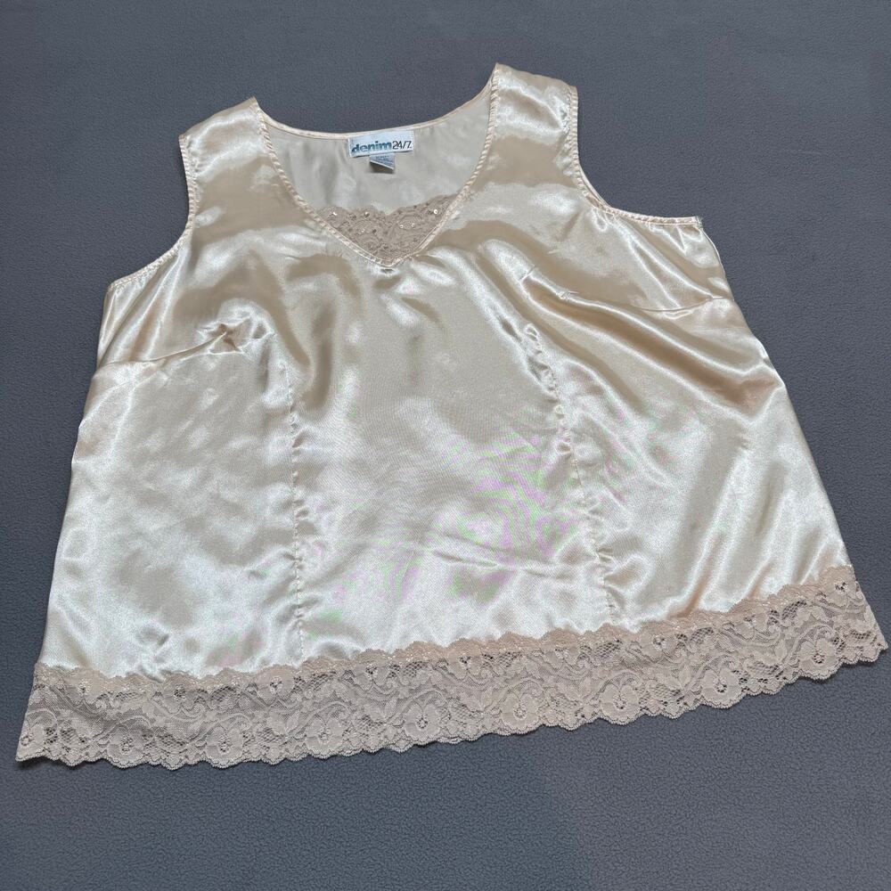 Vtg Y2K 00s Fairy Lace Trim Satin Coquette Cami Tank Top 18W Denim 24/7 Cream